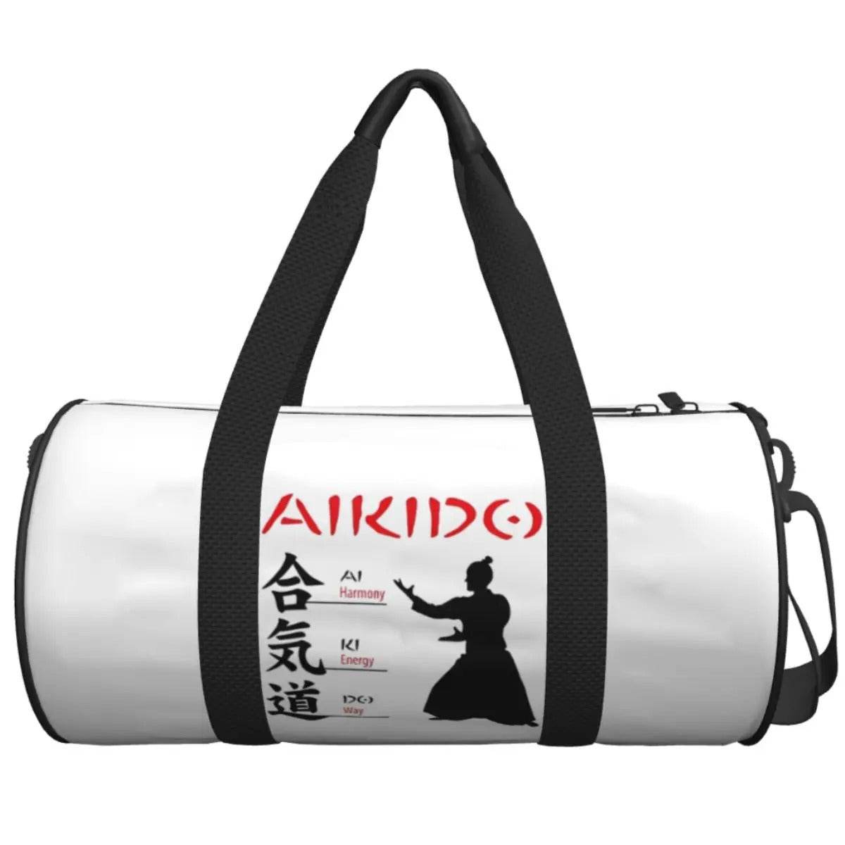 Sac de sport Aikido Blanc Motif Kanji & Silhouette Noir