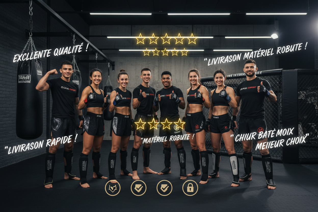 Fais-moi une image en lien censée montrer et mettre avec un bloc de preuve sociale dans notre boutique en ligne Primal MMA, spécialisée dans le MMA. Je veux une image réaliste et impactante.