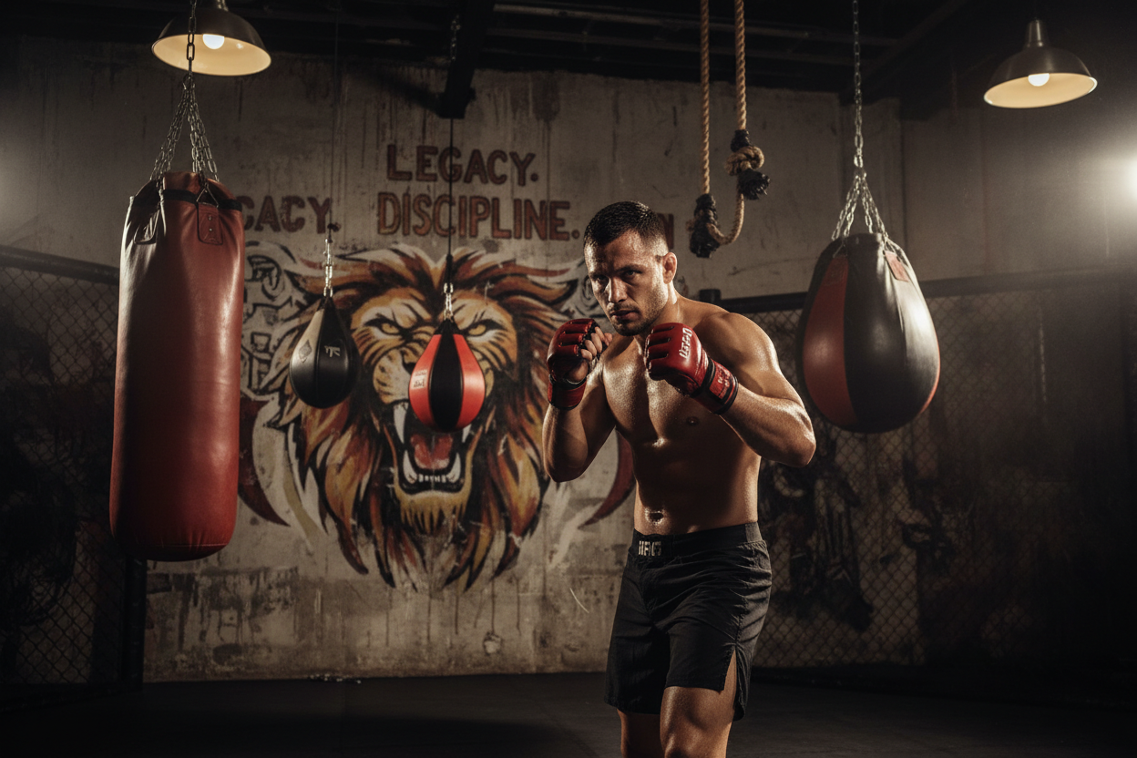 Génère-moi une image dans le but de mettre en avant un bloc parlant de notre histoire, de notre boutique, de MMA. J'aimerais que l'image soit réaliste et impactante.